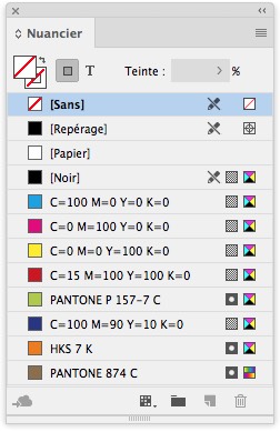 Une fenêtre de palette de couleurs numérique affiche divers échantillons de couleurs avec des paramètres tels que [Sans], [Repérage], [Papier], [Noir] et plusieurs valeurs CMJN et Pantone. Des icônes de visibilité et de types de modèles colorimétriques sont affichées à côté de chaque échantillon.