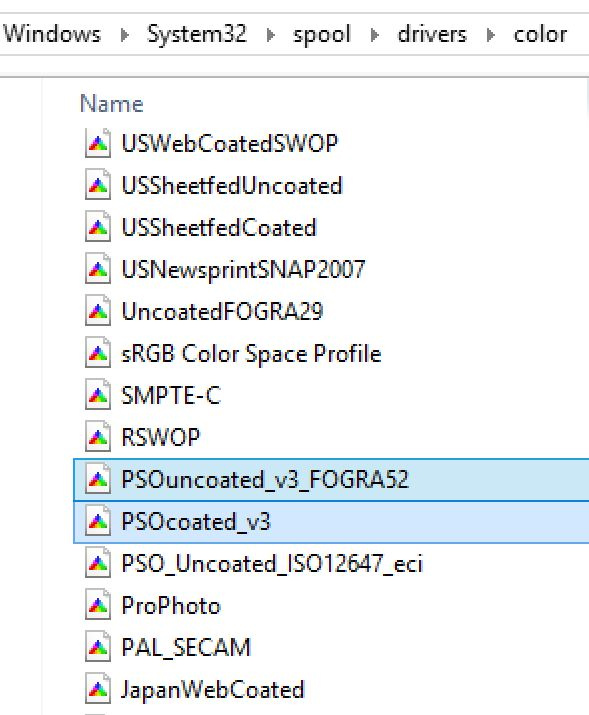 Capture d'écran d'une fenêtre de l'explorateur de fichiers Windows affichant le chemin « Windows > System32 > spool > drivers > color ». La fenêtre répertorie différentes options d'installation de profils de couleurs, telles que USWebCoatedSWOP, le profil d'espace colorimétrique sRGB et PSOuncoated_v3_FOGRA52.