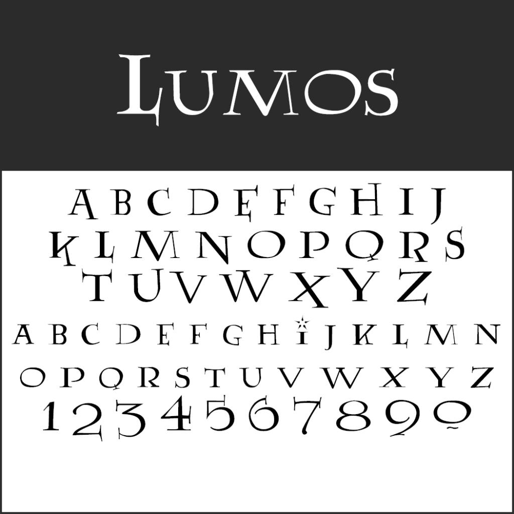 Image montrant la police « Lumos » avec toutes les lettres majuscules et minuscules de A à Z, ainsi que les chiffres de 0 à 9. Ce style évoque un thème magique, idéal pour les créations fantastiques ou mystiques.