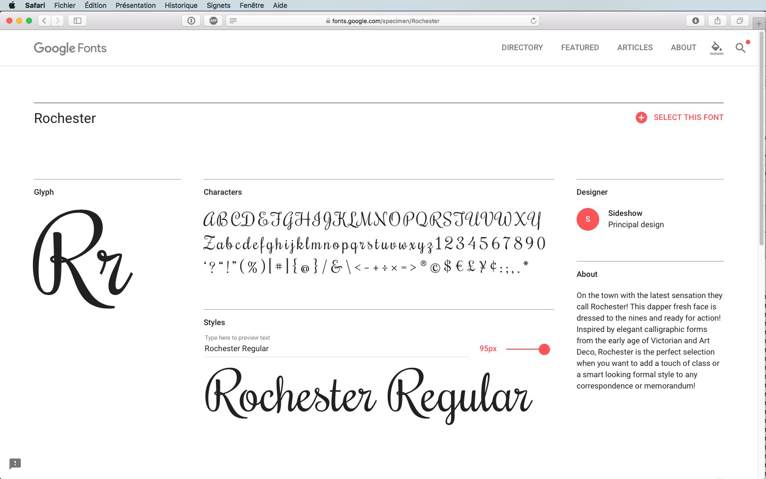 Capture d'écran de la page Google Fonts pour la police « Rochester », montrant les caractères alphabétiques et numériques en cursive. Un bouton de sélection de style est présent, avec « Rochester Regular » affiché en dessous. Les informations sur le concepteur et la section « À propos » se trouvent à droite.