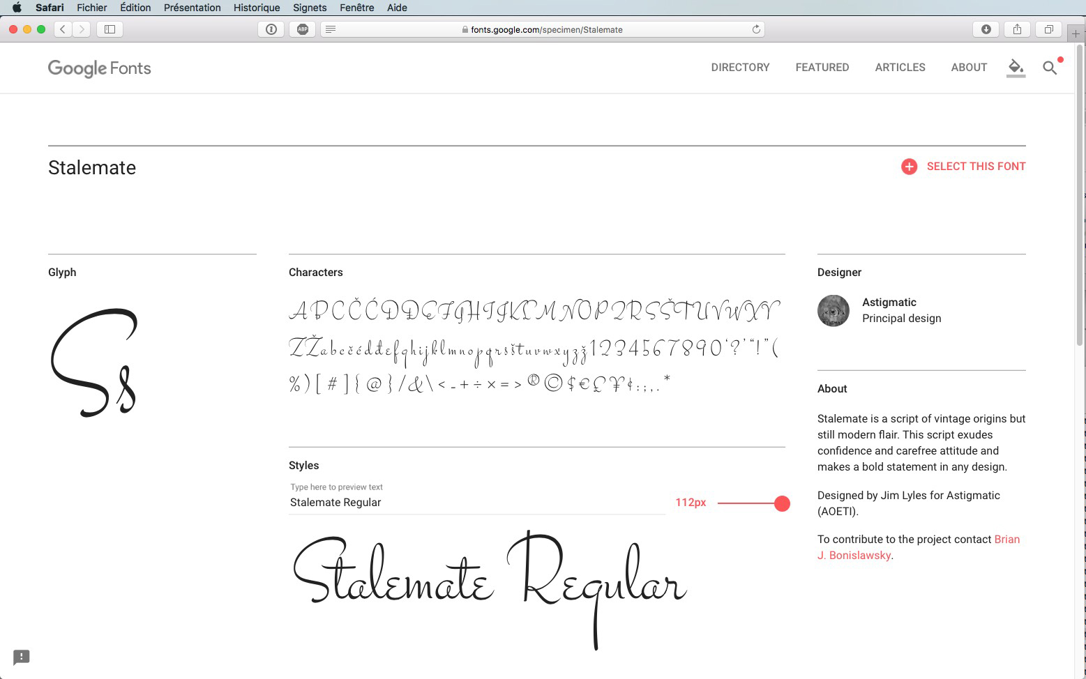 Capture d'écran de la page Google Fonts pour la police « Stalemate ». Affiche les lettres majuscules et minuscules, les chiffres et les caractères spéciaux. Le curseur ajuste la taille de la police, le texte indique « Stalemate Regular », avec les détails de la police et les informations sur le concepteur à droite.