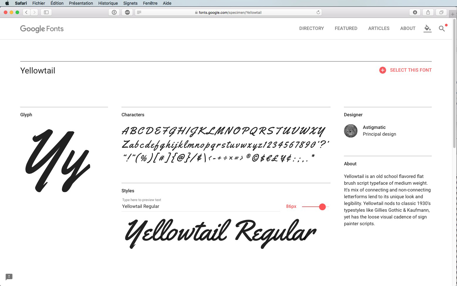 Capture d'écran de la page Google Fonts pour « Yellowtail » par Astigmatic. La police est une écriture cursive avec des exemples de majuscules, de minuscules, de chiffres et de symboles. Le style « Yellowtail Regular » est affiché en grand. Un curseur rouge permet d'ajuster la taille.