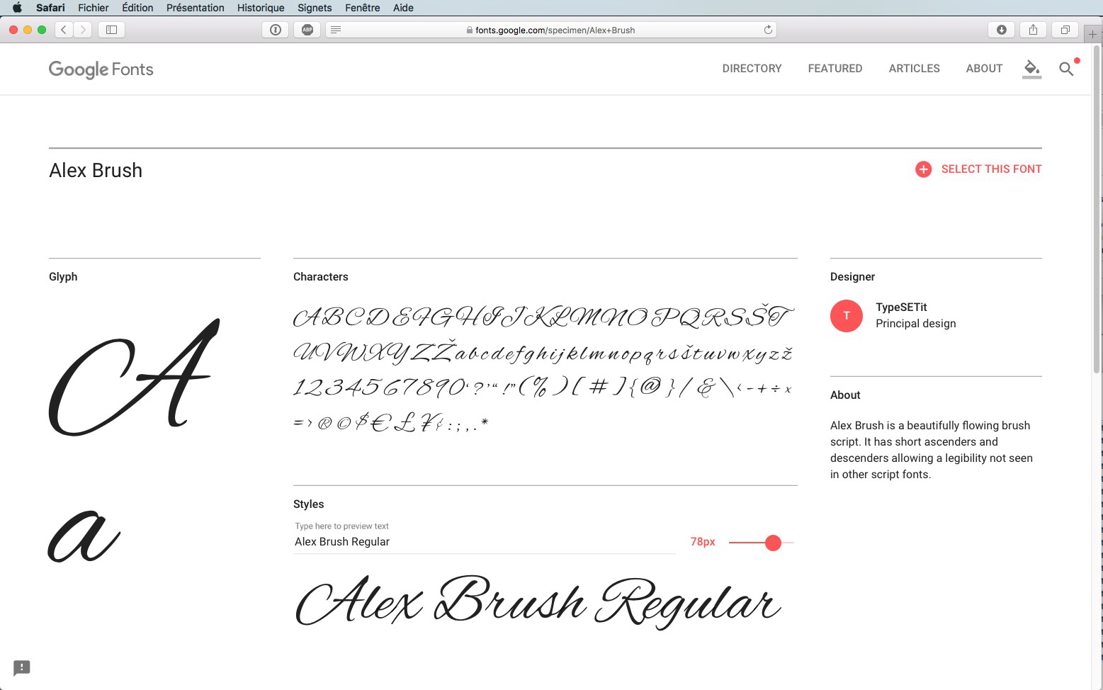 Capture d'écran de la page Google Fonts pour « Alex Brush ». La page affiche une élégante police scripte avec des lettres majuscules et minuscules, des chiffres et des symboles. Elle inclut un ajustement de la taille de police, un crédit au créateur et une brève description.