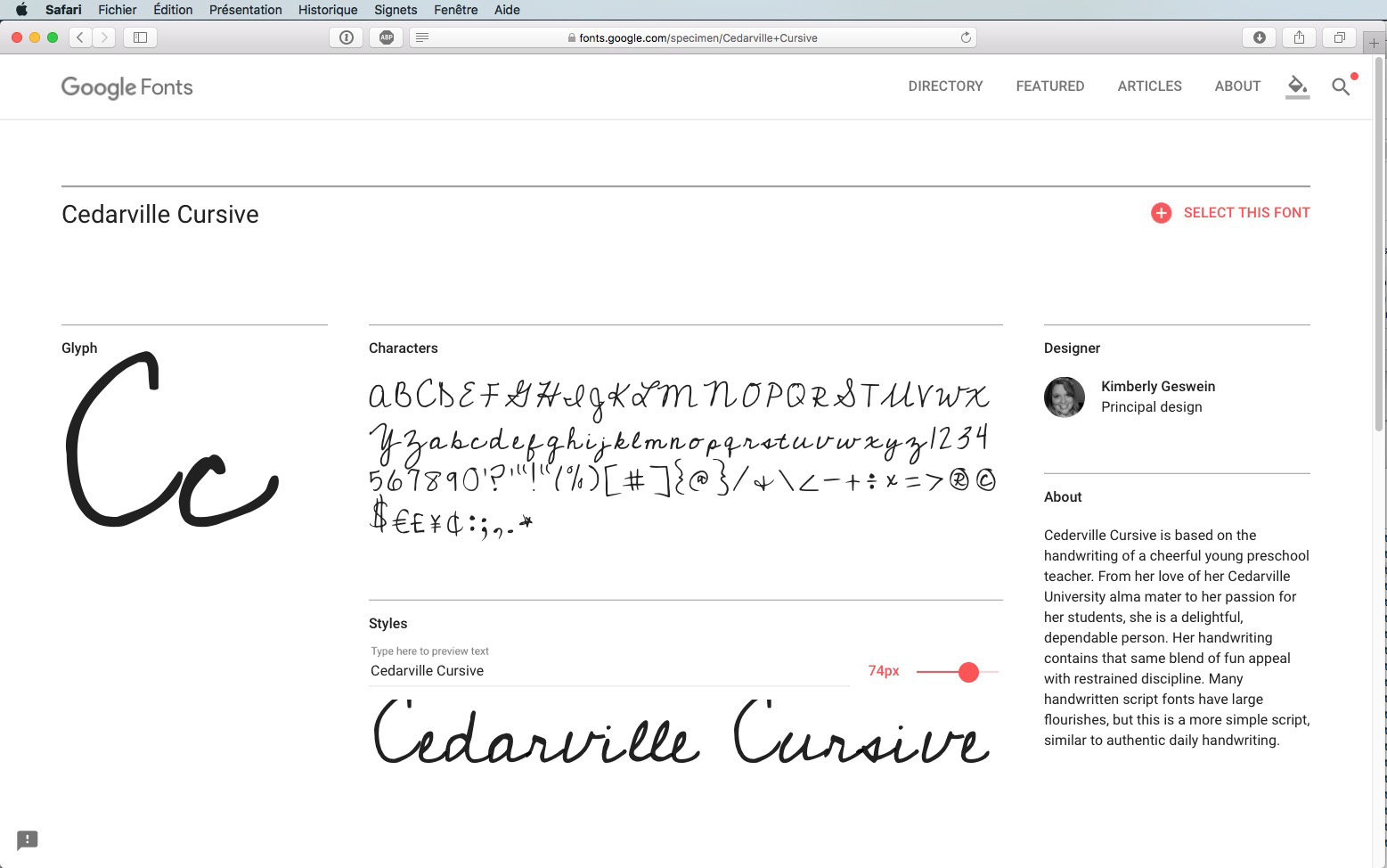 Capture d'écran de la page Google Fonts pour Cedarville Cursive. Affiche les caractères de la police, une police scripte, avec un « c » minuscule et un « C » majuscule en gras. Un curseur permet de régler la taille et une description de la police est disponible à droite.