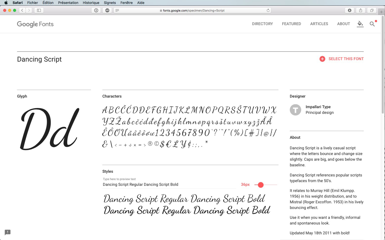 Capture d'écran d'une page Google Fonts affichant la police « Dancing Script ». Affiche un aperçu de la police avec majuscules, minuscules et caractères spéciaux. La page inclut des informations sur le style et le concepteur, une suggestion d'association de polices et un exemple de texte.