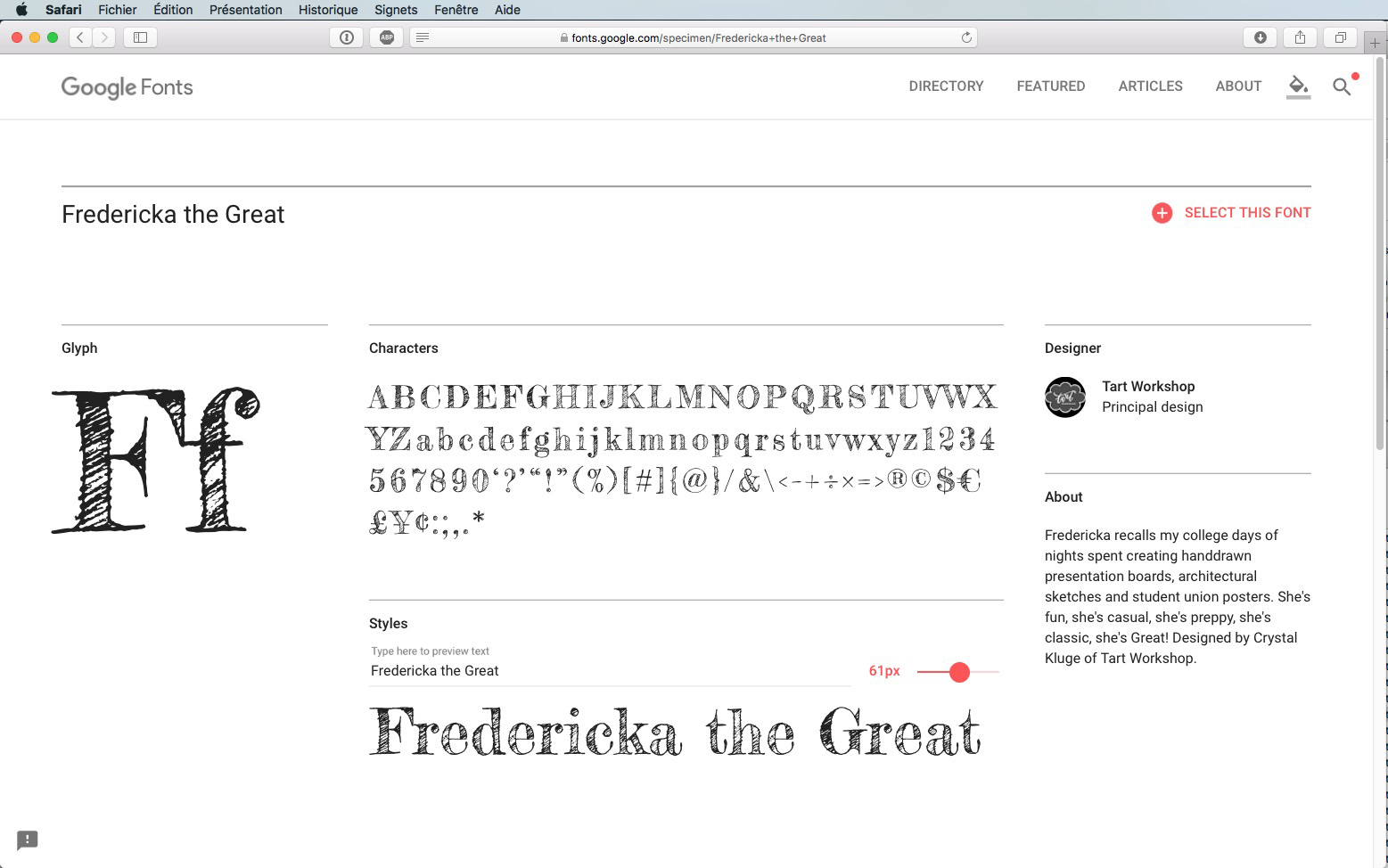 Capture d'écran de la page Google Fonts pour la police « Fredericka the Great ». Affiche les majuscules, les minuscules, les chiffres et les symboles. Un aperçu du texte indique « Fredericka the Great » avec une taille ajustable. Les informations sur le concepteur et le style se trouvent à droite.