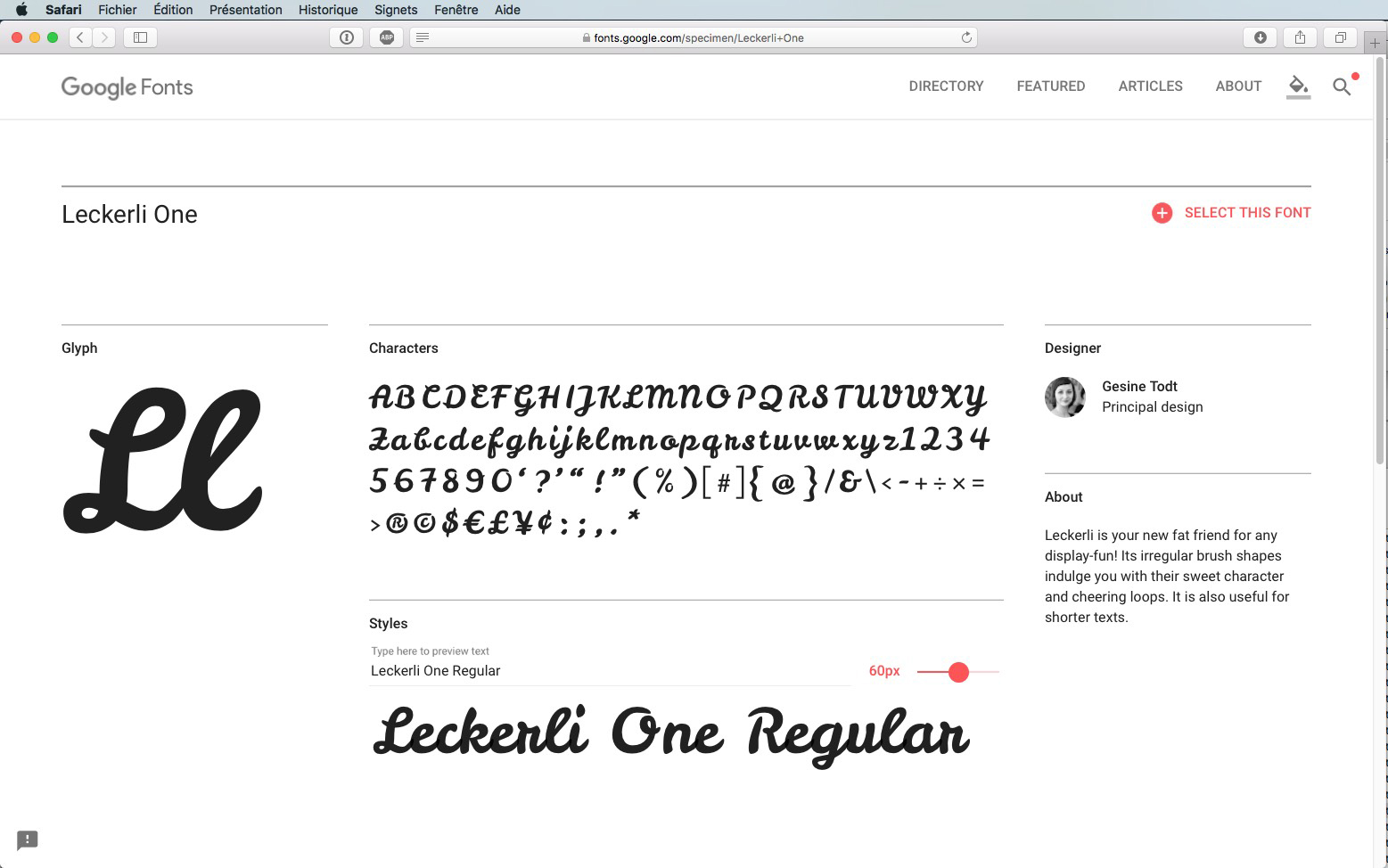 Capture d'écran de la page de la police Leckerli One sur Google Fonts. La page affiche l'alphabet complet en majuscules et minuscules, les chiffres et les caractères spéciaux. Un exemple de texte, « Leckerli One Regular », est affiché en plus grand ci-dessous.