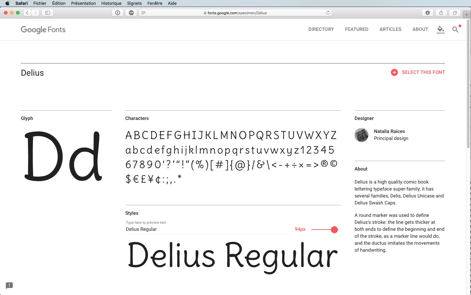 Page Google Fonts affichant la police « Delius ». La page affiche l'alphabet en majuscules et minuscules, les chiffres et les caractères spéciaux. Elle met en évidence la police « Delius Regular » en gros caractères et propose une description et un curseur de sélection de style sur la droite.