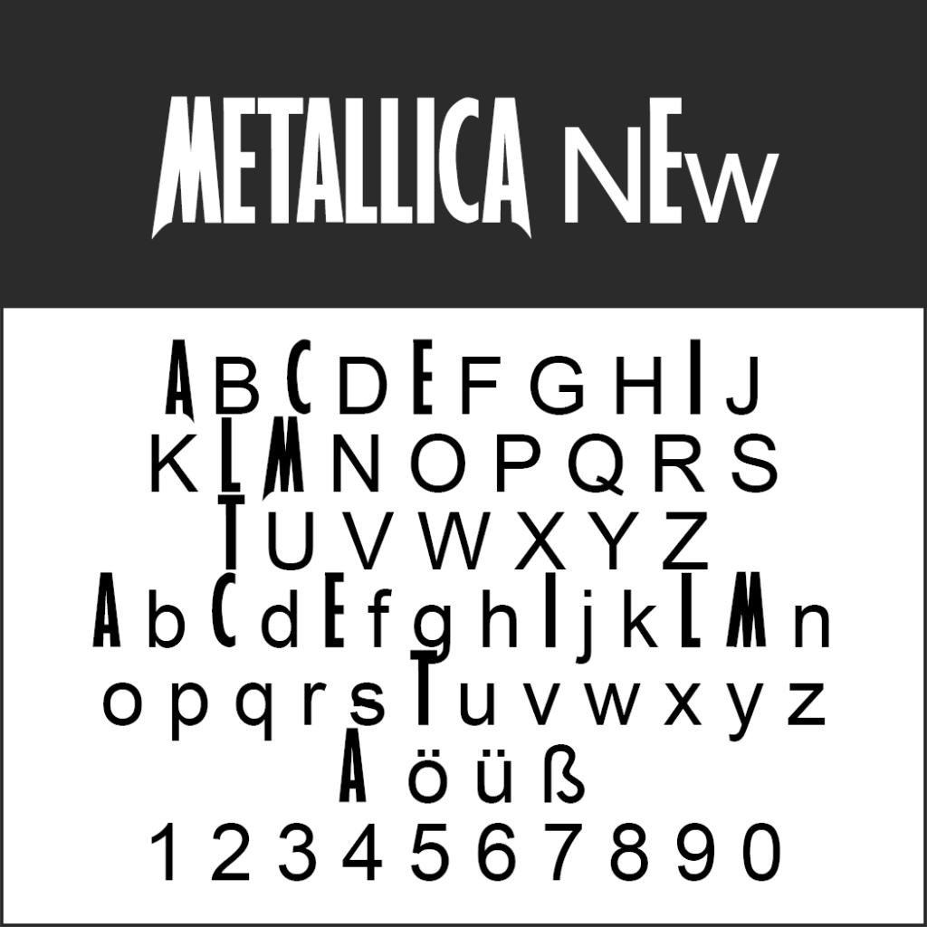 Spécimen de police intitulé « Metallica New » comportant des majuscules, des minuscules et des caractères spéciaux (Ä, ö, ü, ß) ainsi que des chiffres de 0 à 9 dans une police de caractères stylisée et audacieuse sur un fond noir et blanc.