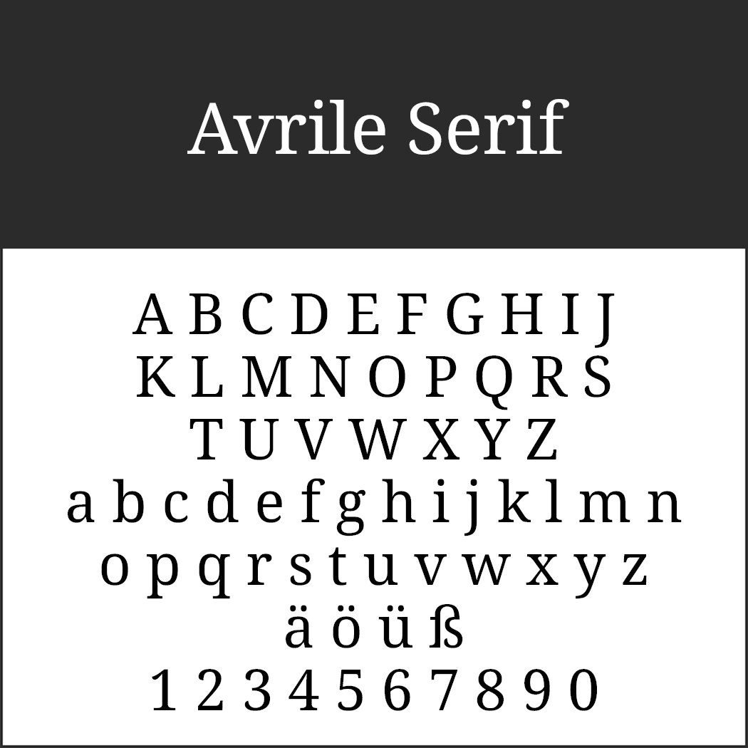 Découvrez la police Avrile Serif, une police typographique captivante présentant les lettres majuscules A-Z, les minuscules a-z, les caractères spéciaux ä, ö, ü, ß et les chiffres 0-9.