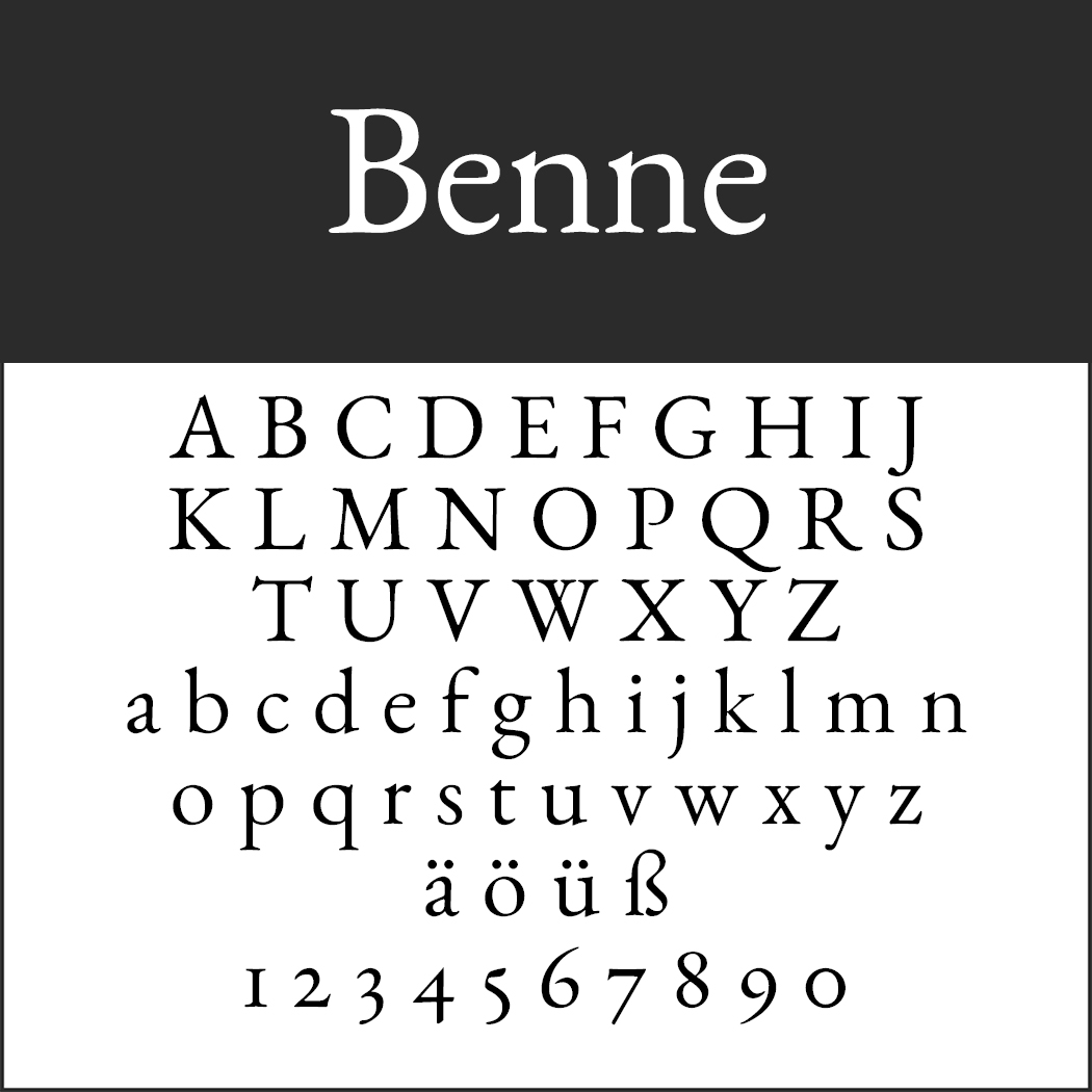 Un échantillon de police pour « Benne » dans le style typo serif présente les lettres majuscules de A à Z, les minuscules de a à z, les caractères trémas ä, ö, ü, ß et les chiffres de 1 à 0.