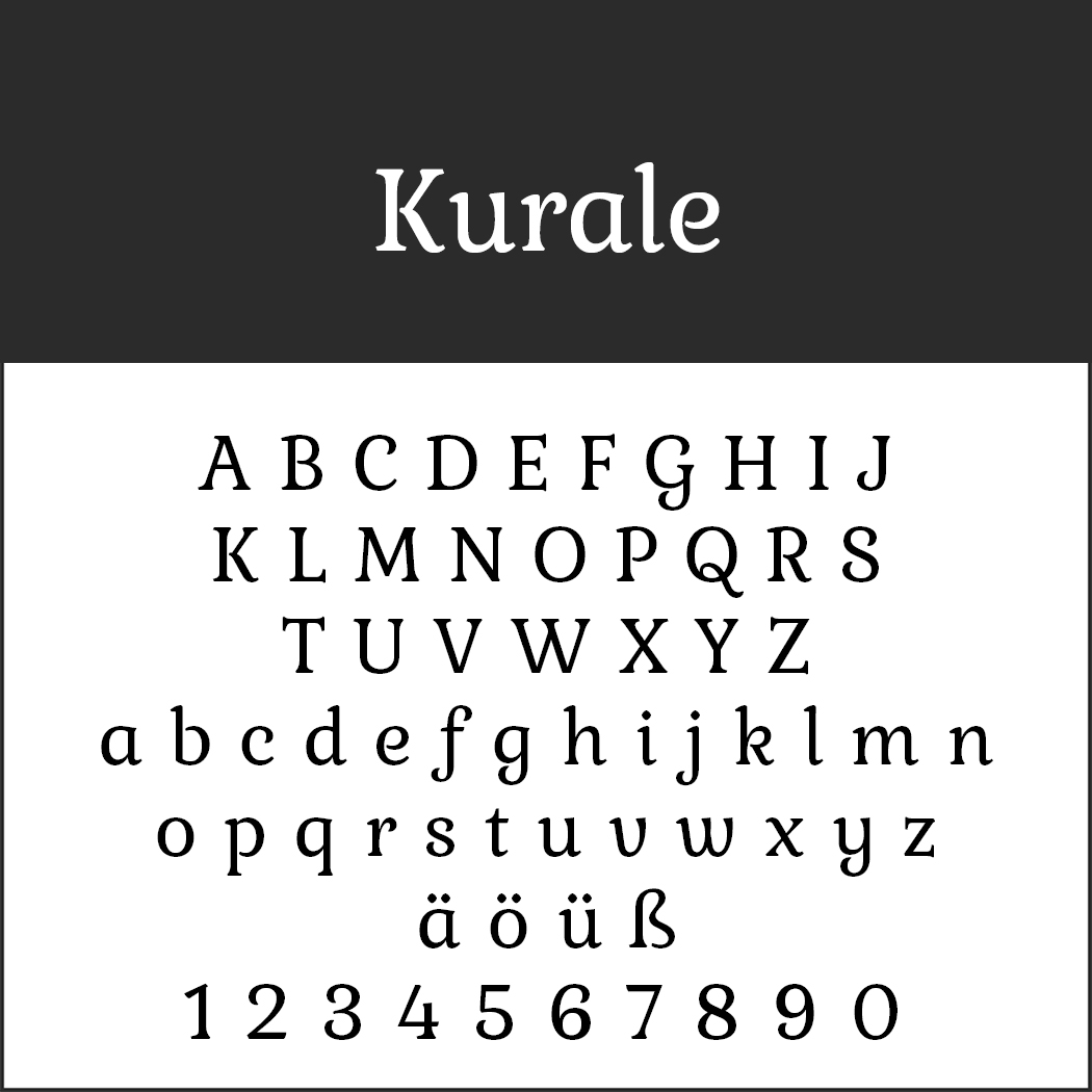 Exemple de police « Kurale » avec majuscules de A à Z, minuscules de a à z et chiffres de 0 à 9, ainsi que les caractères accentués ä, ö et ü. Cette police typo serif arbore un style classique et élégant.