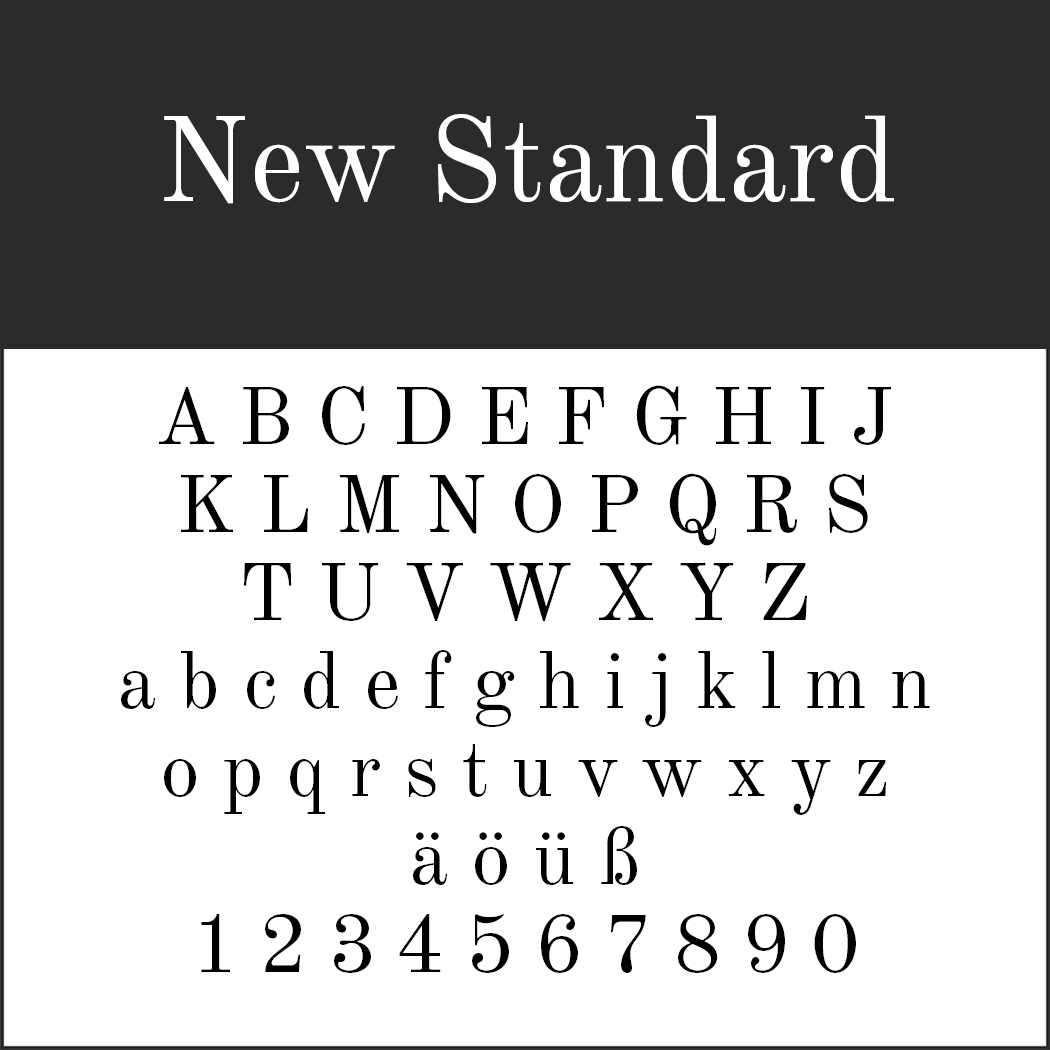 Un exemple de police typo serif intitulée « New Standard » est élégamment présenté sur fond noir. Il comprend des lettres majuscules et minuscules, des voyelles trémas et des chiffres de 0 à 9.