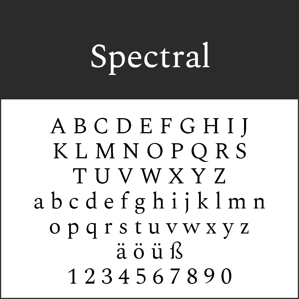 Un spécimen présentant la police Spectral en lettres majuscules et minuscules, avec un style typo serif avec des caractères spéciaux comme ä, ö, ü, ß et les chiffres 0 à 9.