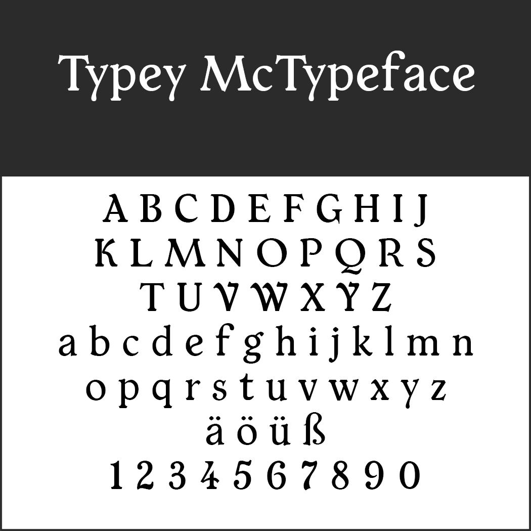 L'image présente une police de caractères nommée « Typey McTypeface », avec des éléments typographiques à empattements. Elle comprend des lettres majuscules et minuscules, des caractères spéciaux comme les trémas et des chiffres de 0 à 9, sur un fond blanc immaculé.