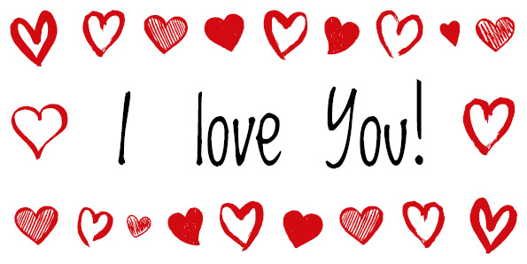 L'image présente la phrase « Je t'aime ! » dans une police ludique, entourée de divers cœurs rouges aux motifs différents, rappelant les modèles de la Saint-Valentin, le tout sur un fond blanc éclatant.