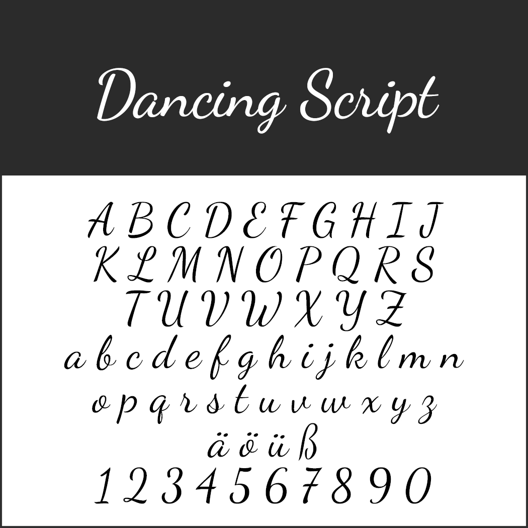 L'échantillon de police Dancing Script, comme une lettre d'amour de Saint Valentin, présente les lettres majuscules A-Z, les minuscules a-z, les caractères spéciaux ä, ö, ü, ß et les chiffres 0-9.