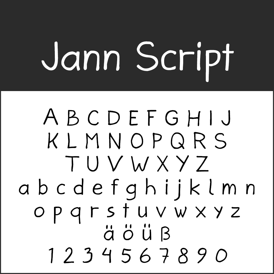 Un échantillon de la police « Jann Script », rappelant le style de la Font Saint-Valentin, est présenté sur un fond sombre. En dessous, les lettres majuscules et minuscules sont représentées avec les caractères spéciaux ä, ö, ü, ß et les chiffres de 0 à 9, dans un style manuscrit et arrondi.
