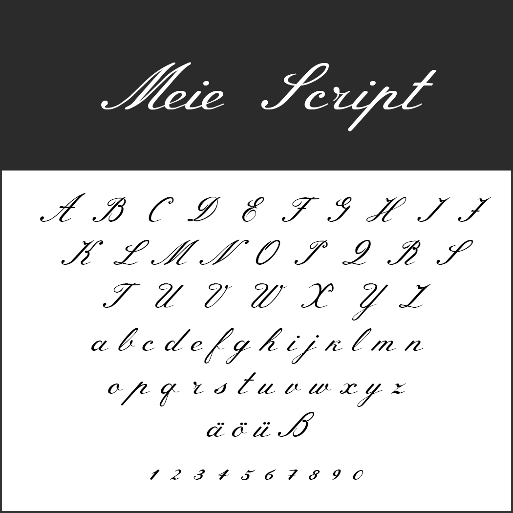 Découvrez l'élégant « Meie Script », un alphabet cursif alliant le charme romantique de la police Saint Valentin aux majuscules et minuscules de A à Z, aux caractères spéciaux comme ä, ö, ü, ß et aux chiffres de 1 à 0. Idéal pour ajouter une touche de grâce à tous vos projets.