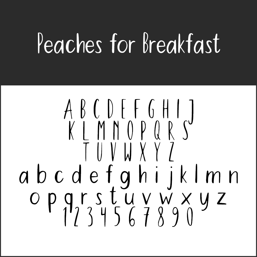 Une police manuscrite intitulée « Peaches for Breakfast », rappelant la police Saint-Valentin, comprend les lettres majuscules de A à Z, les lettres minuscules de a à z et les chiffres de 0 à 9. Le tout est présenté sur un fond blanc avec un en-tête noir saisissant.