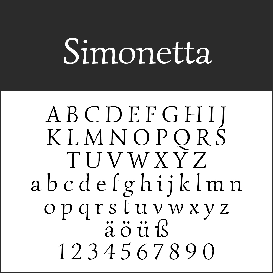 Un échantillon de police « Simonetta » comprenant des lettres majuscules et minuscules, des caractères spéciaux « äöüß », des chiffres de 0 à 9 et une touche élégante rappelant la police Saint Valentin, le tout présenté sur un fond blanc immaculé.