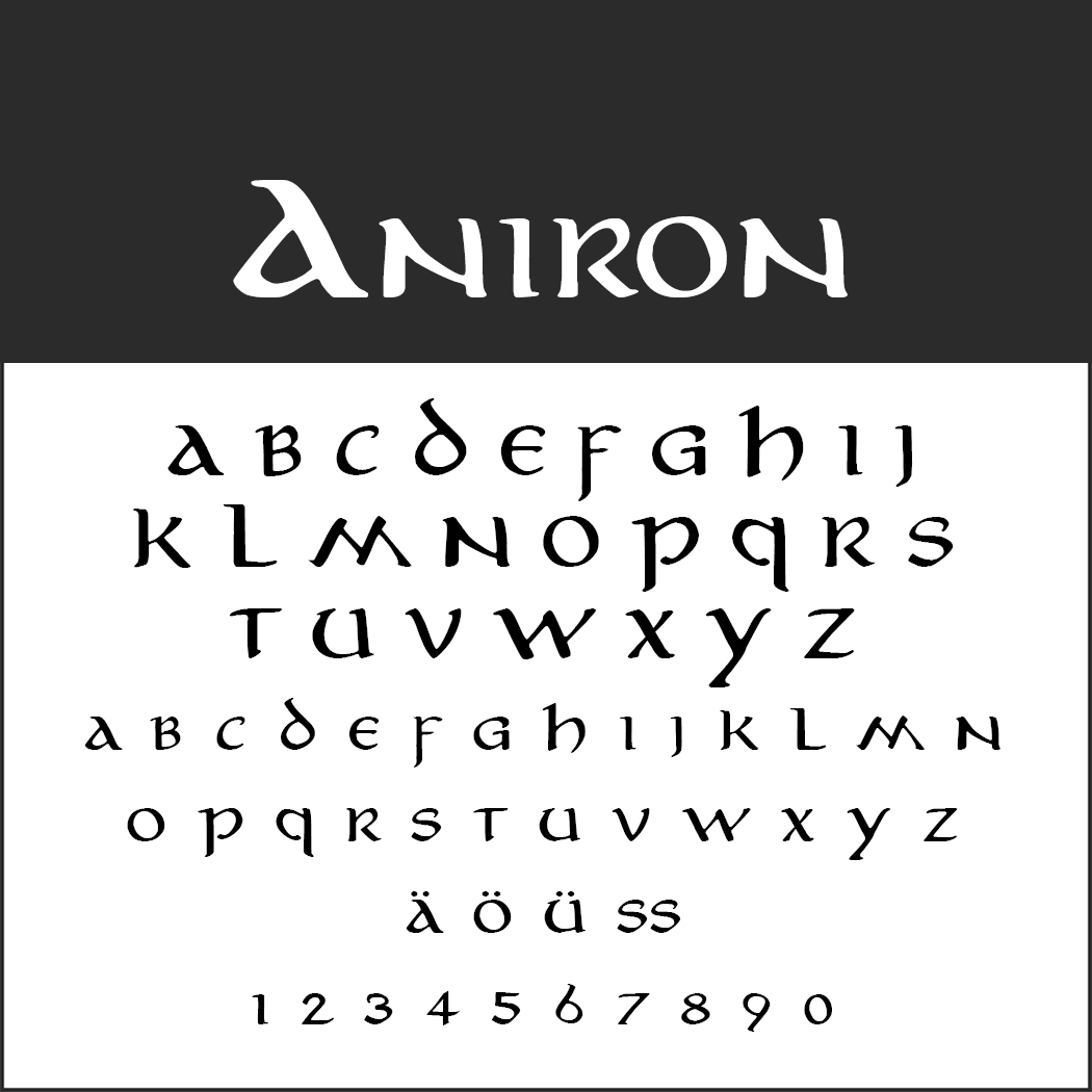 Exemple de police Aniron présentant l'alphabet complet en majuscules et en minuscules, y compris les caractères spéciaux comme « ä, ö, ü, ß » et les chiffres de 0 à 9. Ce style élégant rappelle l'esthétique de Herr der Ringe Schrift.