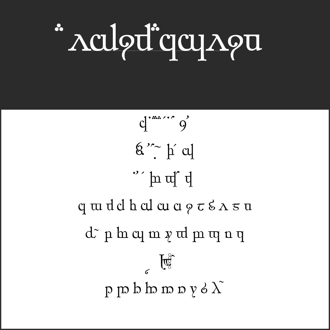 Une image composée d'un texte stylisé blanc sur fond noir en haut et d'un texte noir sur fond blanc en bas. Le texte, rappelant « Herr der Ringe Schrift », est composé de caractères géométriques et décoratifs uniques, sans aucun mot ni langage reconnaissable.
