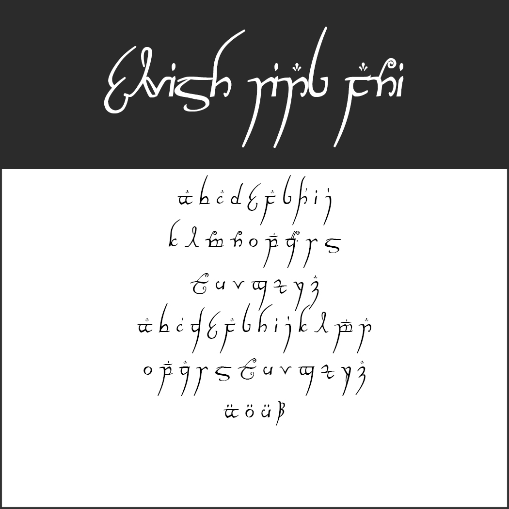Fond blanc avec écriture elfique noire intitulée « Elvish Script Phí ». Deux rangées de symboles : la première ressemble à un alphabet minuscule, la seconde à des caractères mixtes. Le texte est stylisé avec des ornements, rappelant le style élégant de Herr der Ringe Schrift.