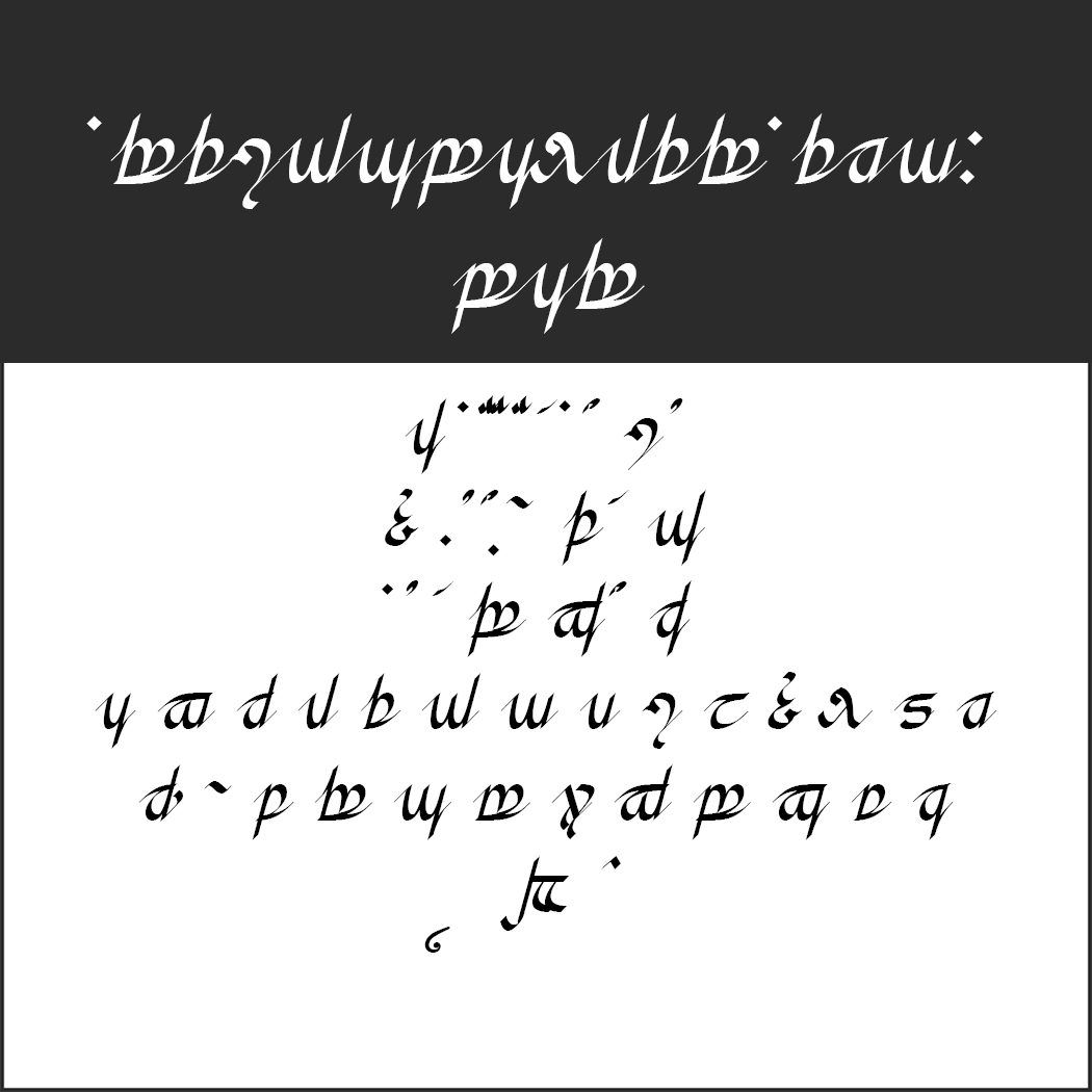 Un panneau blanc avec un texte noir dans une écriture stylisée et indéchiffrable, rappelant le mystique « Herr der Ringe Schrift », présente divers symboles et caractères, affichés sur un fond noir.