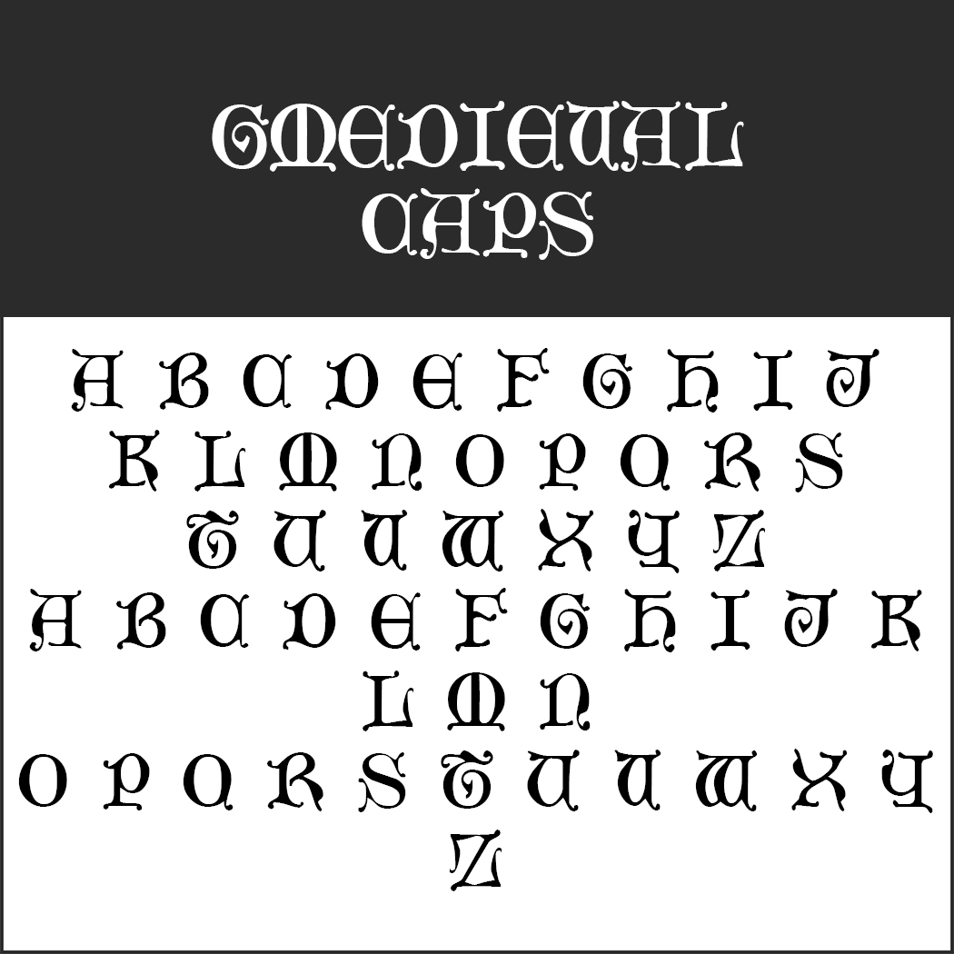 Une image en noir et blanc présente l'alphabet anglais complet dans une police de style médiéval rappelant Herr der Ringe Schrift. La partie supérieure porte l'inscription « Medieval Caps » en écriture ornée, avec des lettres majuscules et minuscules élégamment disposées en dessous sur trois rangées élaborées.