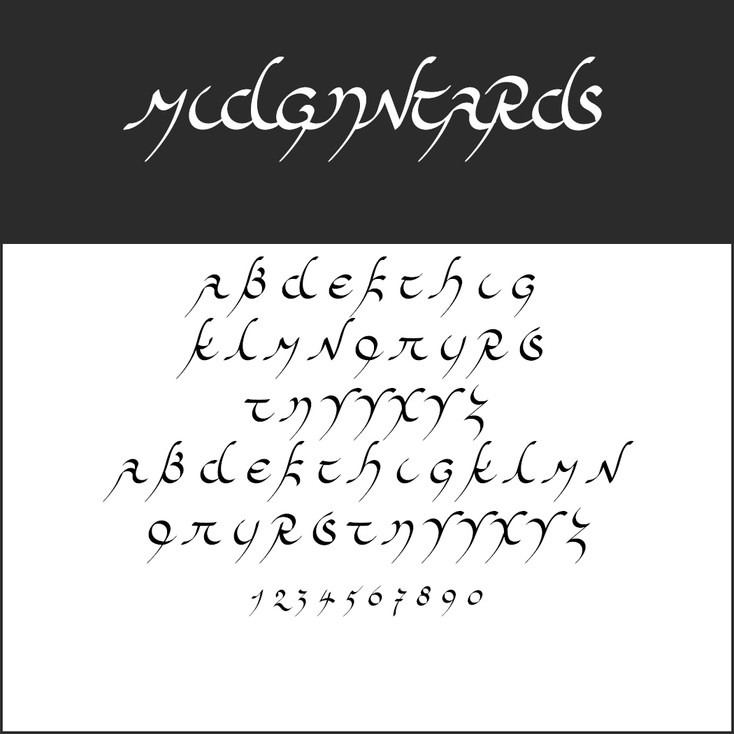 Alphabet calligraphique stylisé avec lettres ornées, majuscules et minuscules, sur fond blanc. Les chiffres de 0 à 9 apparaissent en bas. « Midgnards » est mis en valeur en haut dans une écriture élégante rappelant Herr der Ringe Schrift.