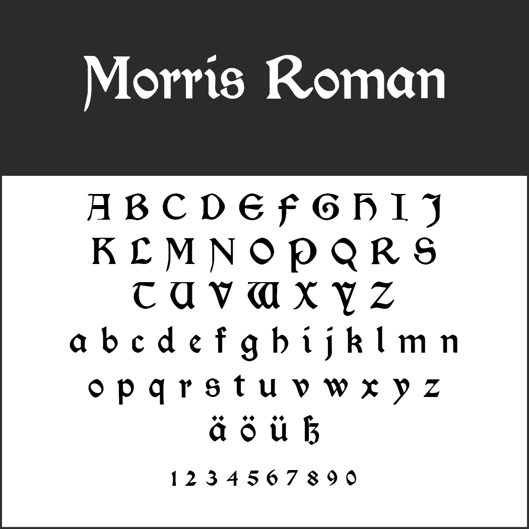 Exemple d'image de police « Morris Roman » présentant les lettres majuscules de A à Z, les minuscules de a à z, les caractères spéciaux ä, ö, ü et les chiffres de 0 à 9 dans une police stylisée et audacieuse rappelant Herr der Ringe Schrift.