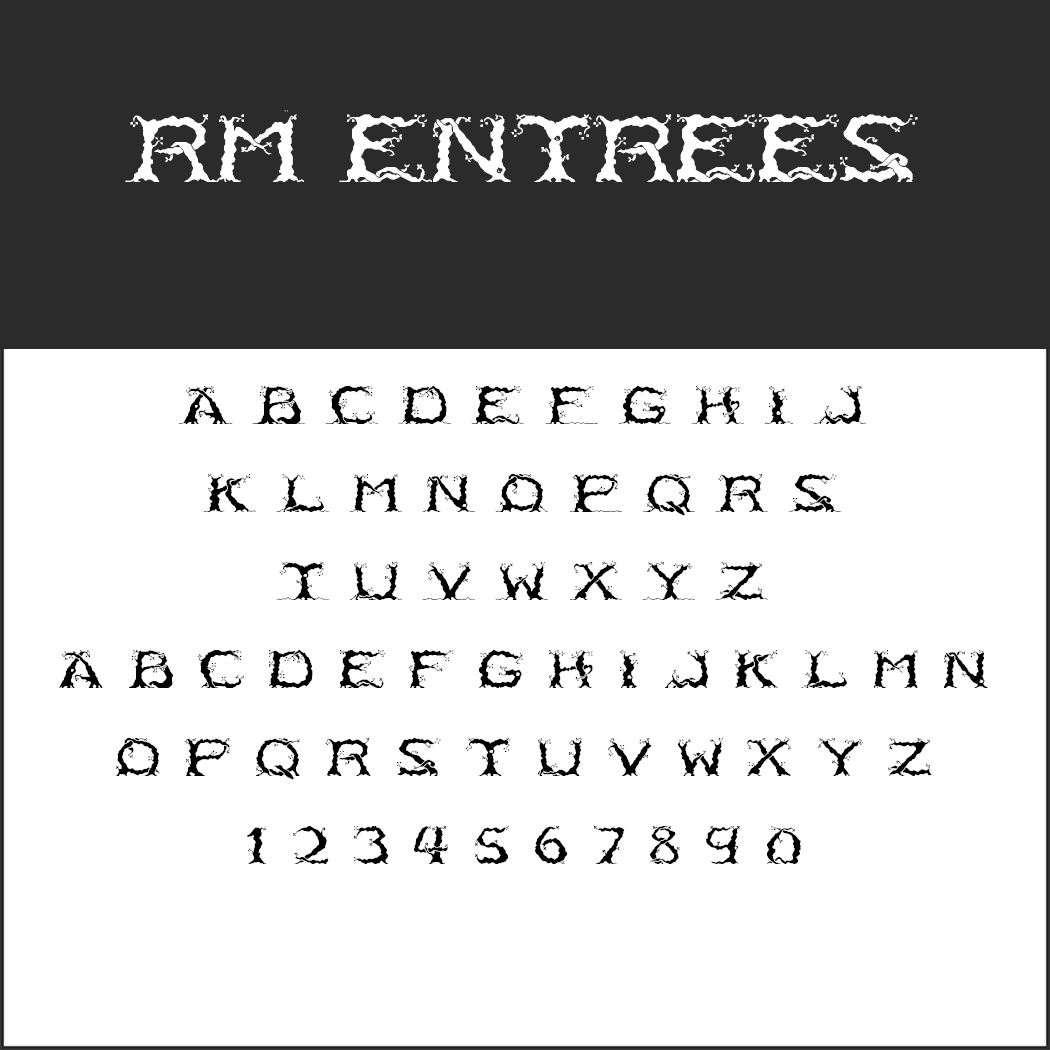 Une police décorative intitulée « RM Entrees » présente des lettres majuscules et des chiffres dans un style grunge, rappelant le Herr der Ringe Schrift. Les lettres de l'alphabet sont disposées sur trois rangées, surmontées d'une série de chiffres, exprimant une allure audacieuse.