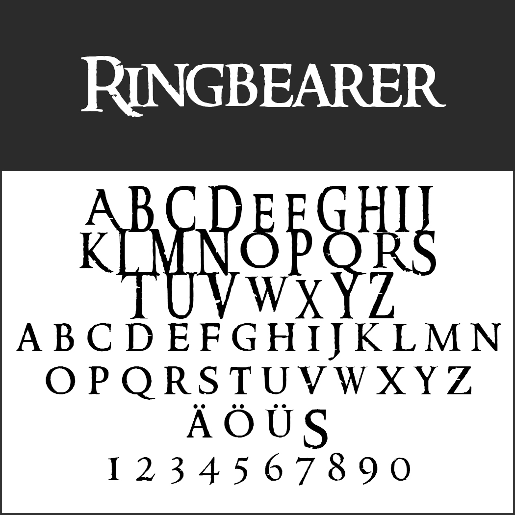 L'image met en valeur les lettres et les chiffres de la police Ringbearer, inspirée de la Herr der Ringe Schrift. Elle comporte les lettres majuscules de A à Z, les caractères accentués Ä, Ö, Ü et les chiffres de 0 à 9. Le style évoque le genre fantastique avec un aspect audacieux et légèrement vieilli.