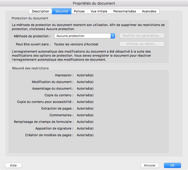 L'image présente un menu en français intitulé « Propriétés du document » dans Adobe Acrobat, mettant en évidence les paramètres d'un PDF crypté. Elle indique que les autorisations d'impression, de modification et de copie sont activées.