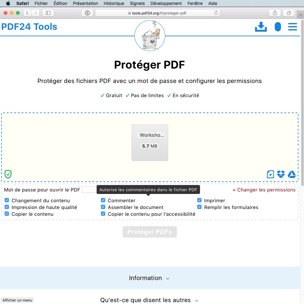 Capture d'écran de la page web des outils PDF24 intitulée « Protéger PDF », proposant des options pour crypter les fichiers PDF avec un mot de passe et configurer des autorisations comme les commentaires ou l'impression. La zone centrale affiche un fichier « Atelier...5,7 Mo » prêt à être traité.