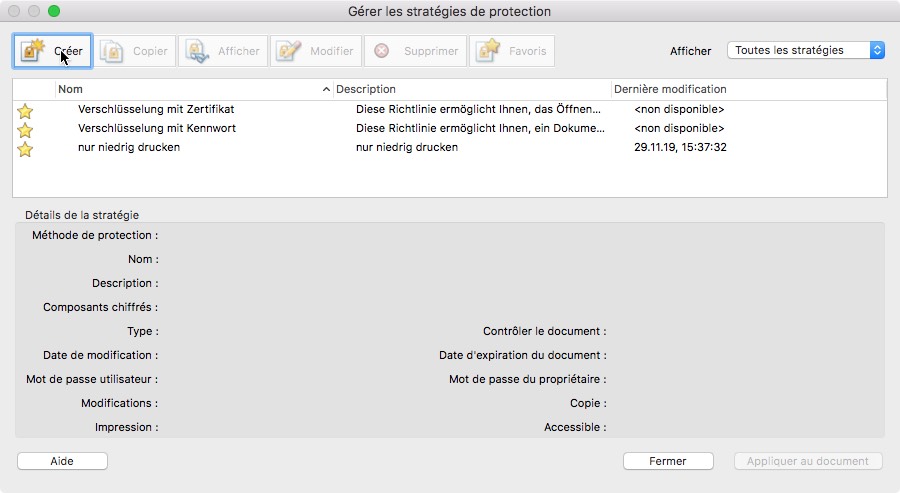 Capture d'écran d'une interface logicielle française affichant des stratégies de protection, avec des options pour ajouter, copier, modifier, supprimer et définir des favoris. Elle présente une liste d'éléments tels que le nom, la description, la date de dernière modification et des fonctionnalités permettant de chiffrer efficacement les documents PDF pour une sécurité renforcée.