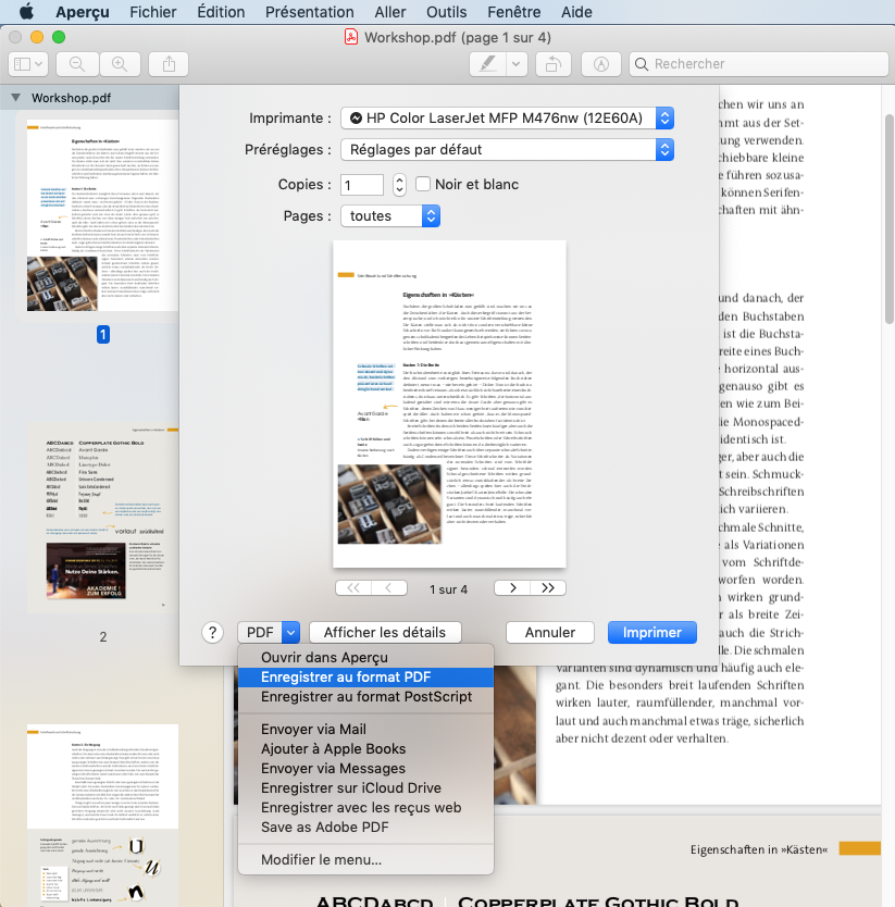 Un écran d'ordinateur affiche une boîte de dialogue d'impression pour un fichier PDF. Parmi les options disponibles figurent les paramètres d'impression et les formats de conversion, comme PDF et PostScript. En arrière-plan, un document partiellement visible avec du texte et des images ajoute de la profondeur à la vue, presque comme si vous utilisiez un crypteur pour sécuriser vos fichiers.