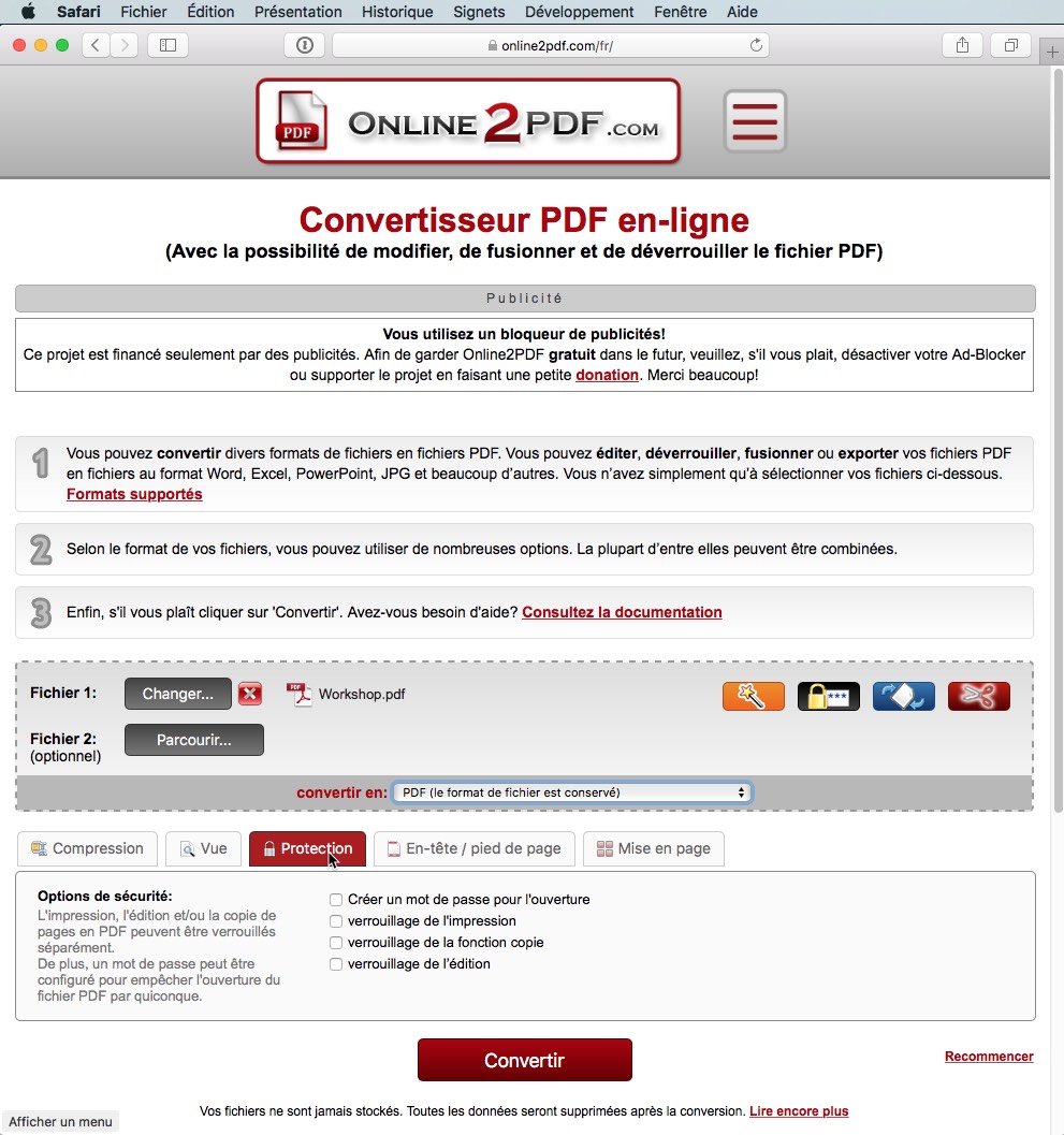 Une capture d'écran d'un convertisseur PDF en ligne sur Safari montre des fonctionnalités telles que le téléchargement de fichiers, les paramètres de conversion et un bouton rouge bien visible « Convertir ». Les onglets de navigation et les options de compression sont visibles, ainsi qu'une fonction « Crypter PDF » pour une sécurité renforcée des documents.