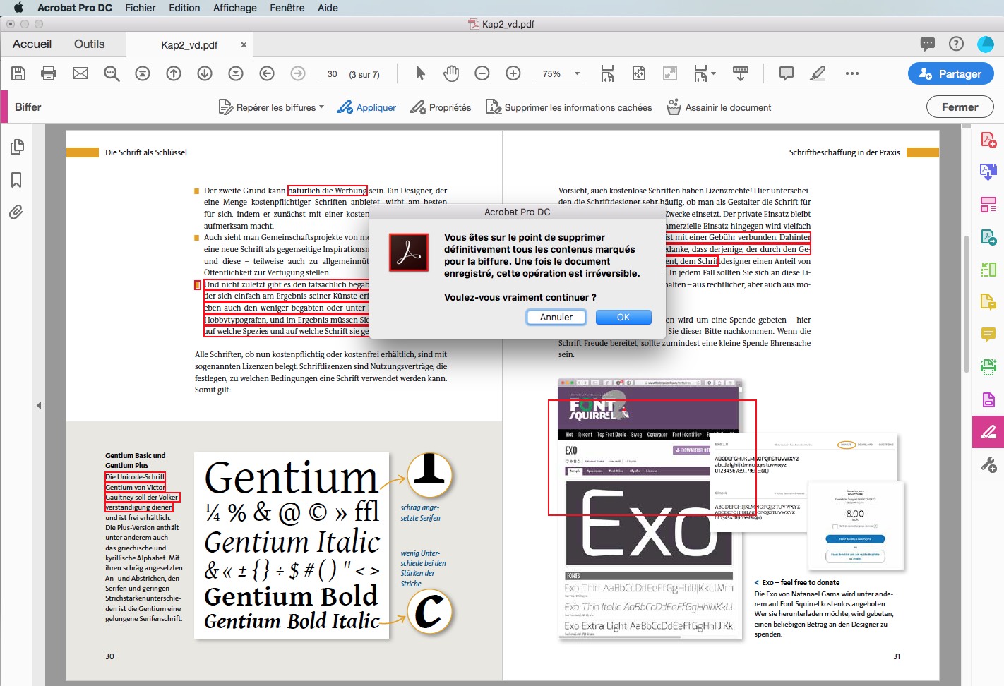 Un écran d'ordinateur affiche un document PDF ouvert dans Adobe Acrobat Pro DC, avec deux pages surlignées pour révision. Une fenêtre d'avertissement en français invite à poursuivre les modifications susceptibles d'altérer les fonctionnalités. Différentes polices apparaissent en dessous, prêtes à être modifiées, comme le surlignage du texte ou le noircissement du PDF.