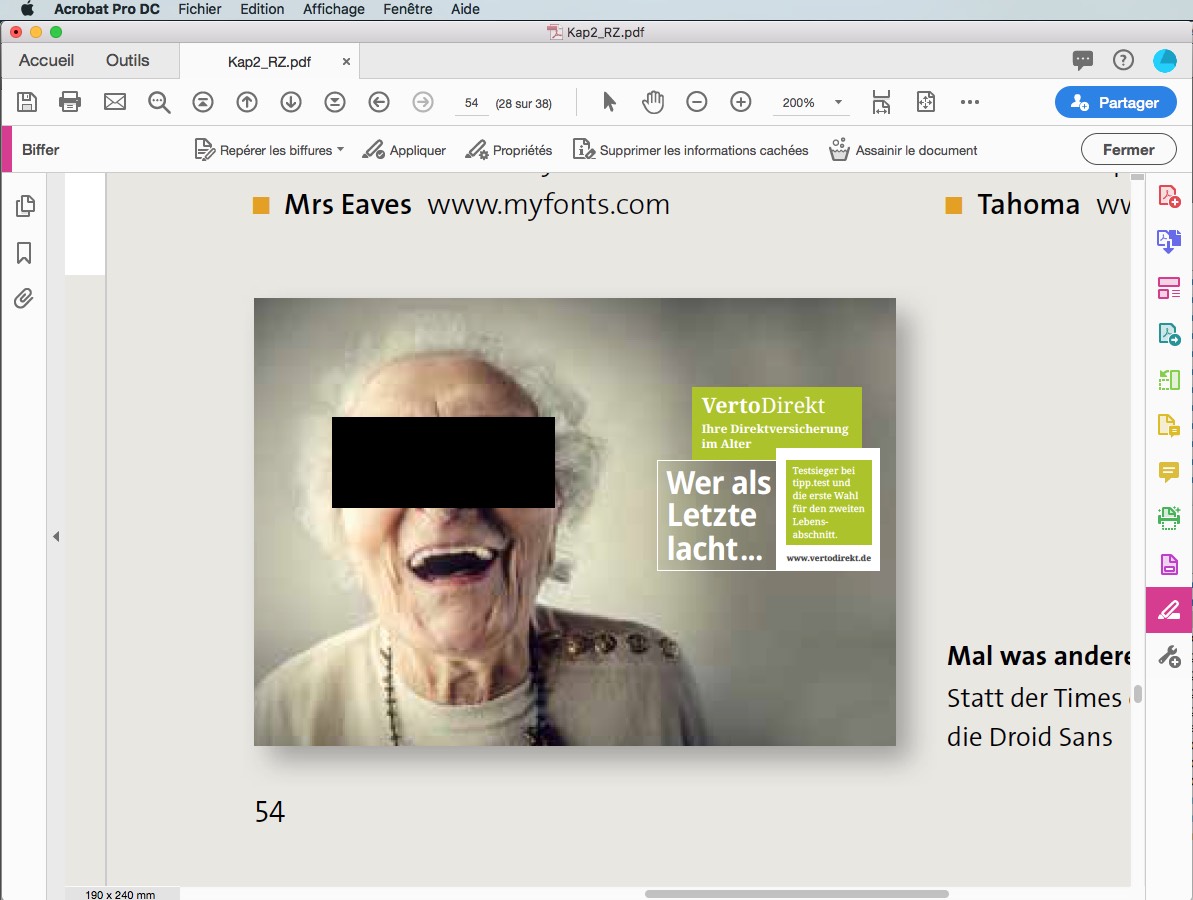 Une femme âgée portant des lunettes de soleil arbore un large sourire sur fond gris, tandis qu'une publicité verte apparaît partiellement à droite. L'interface du lecteur PDF propose des options de menu, notamment l'option « PDF schwärzen » pour plus de confidentialité.