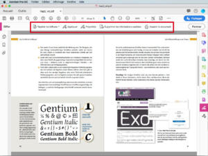 Capture d'écran d'Adobe Acrobat Pro DC affichant deux pages d'un PDF en français, avec du texte, des titres et une image, avec différentes polices comme Gentium et Exo. L'interface supérieure propose des options d'édition, d'enregistrement, de partage et même de suppression de PDF pour les contenus sensibles.