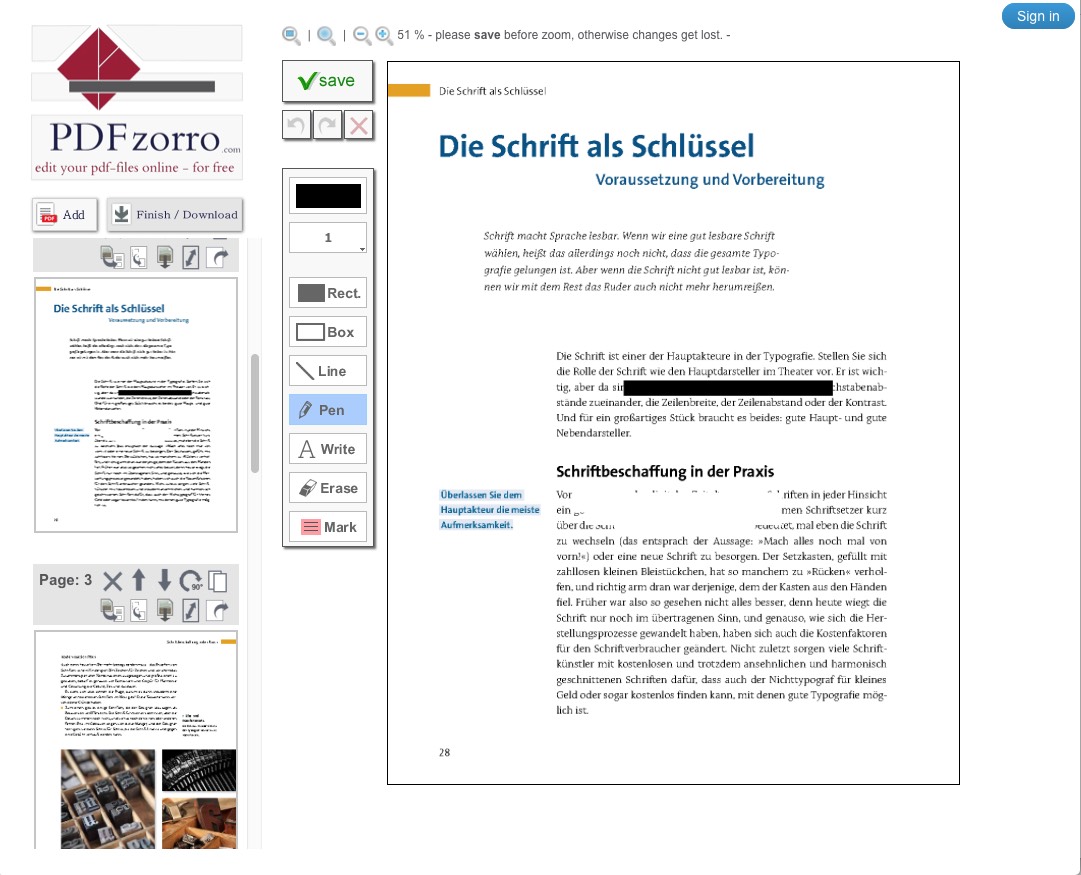 Capture d'écran de l'interface d'un éditeur PDF en ligne. La fenêtre principale affiche une page PDF avec du texte en allemand, intitulé « Die Schrift als Schlüssel ». La barre d'outils à gauche propose des options telles que la police, la taille, les réglages de couleur et des outils permettant de masquer le PDF pour des raisons de confidentialité.