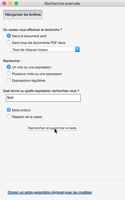 Une capture d'écran de la boîte de dialogue « Recherche avancée » dans une application logicielle montre des options pour rechercher dans des documents, spécifier des termes et des fonctionnalités telles que « Mots entiers », « Respect de la casse » et des outils pour gérer des tâches telles que PDF schwärzen.