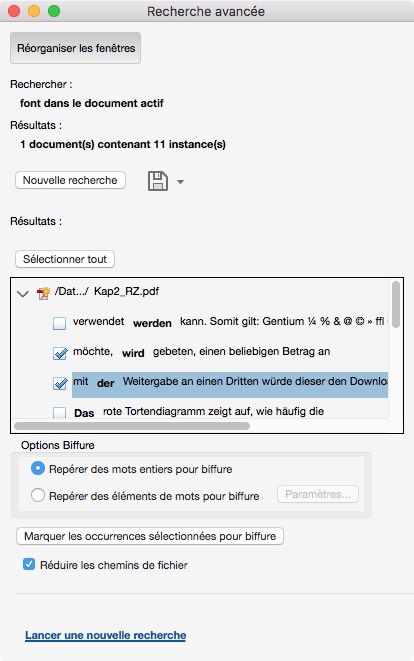 Une capture d'écran de la fenêtre de recherche avancée d'une application logicielle montre les options de recherche dans un document, comme trouver des mots spécifiques ou en ignorer d'autres. Les résultats s'affichent avec le texte surligné en bleu et rouge pour plus de clarté, tandis que certaines sections PDF peuvent être noires pour des raisons de confidentialité.