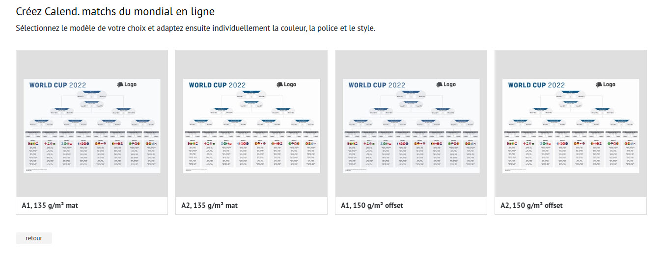 Quatre modèles distincts pour les Calendriers Mondiaux 2022 sont présentés, avec des grilles de matchs et des informations détaillées. Le titre est « Créez des Calendriers des matchs du Mondial en ligne ». Les formats de papier et les spécifications d'impression sont détaillés sous chaque modèle.