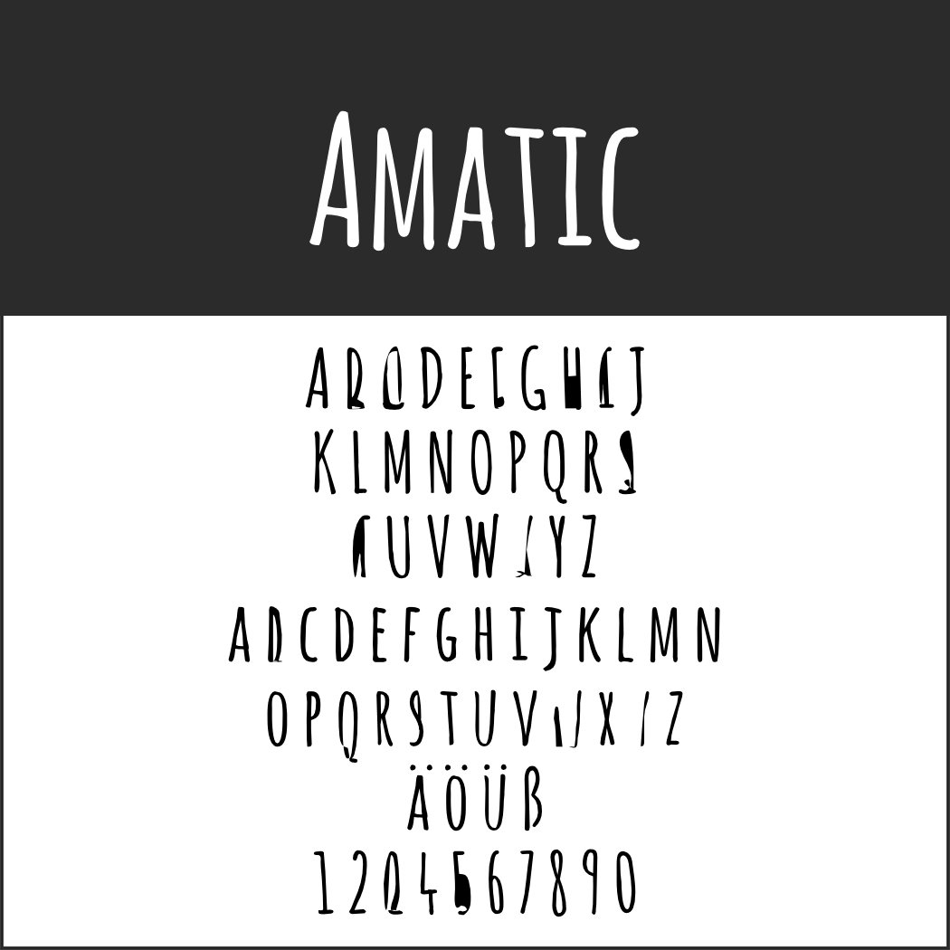 Illustration de la police Amatic, avec ses majuscules et minuscules, ses caractères spéciaux et ses chiffres. Ce style d'écriture manuscrit, étroit et élégant, se présente sur un fond noir et blanc.