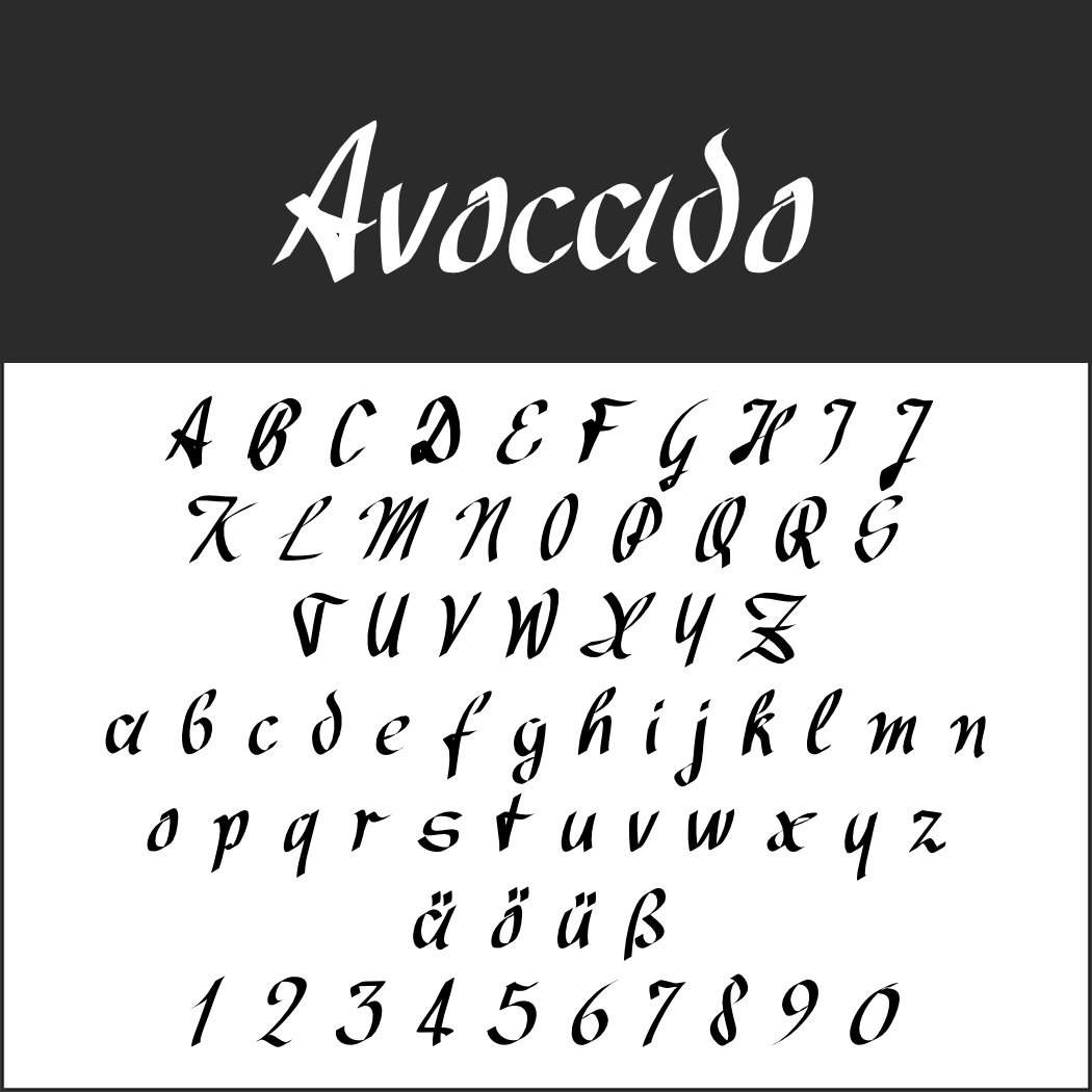La police calligraphique stylisée « Avocado » présente des polices d'écriture en majuscules et en minuscules. Elle comprend les caractères accentués ä, ö, ü et les chiffres de 0 à 9. Les majuscules ornent la partie supérieure, tandis que les minuscules et les extras ornent la partie inférieure.