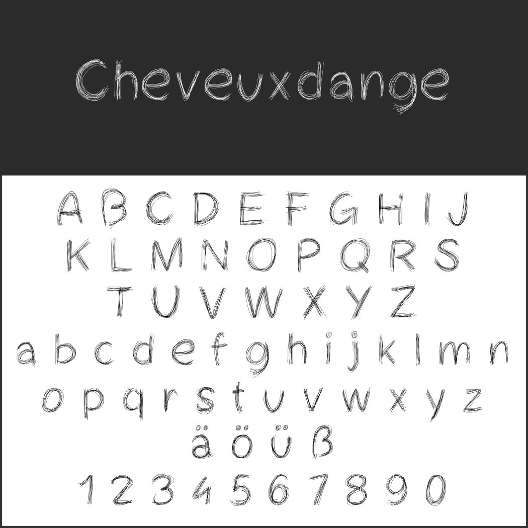 Police de caractères dessinée à la main nommée « Cheveuxdange ». Cette police d'écriture comprend des lettres majuscules et minuscules, des trémas allemands (ä, ö, ü) et des chiffres de 0 à 9. L'arrière-plan est divisé : le titre de la police est noir et les caractères sont blancs.
