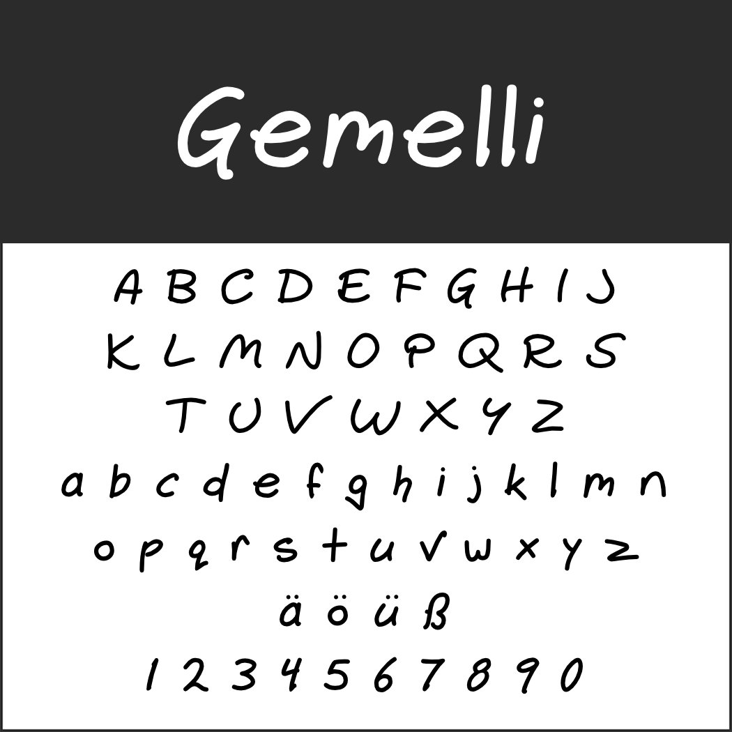 Un échantillon de police intitulé « Gemelli » est présenté en lettres décoratives, avec des polices d'écriture avec des majuscules, des minuscules, des caractères accentués et des chiffres de 0 à 9. La police dégage un style manuscrit et décontracté.